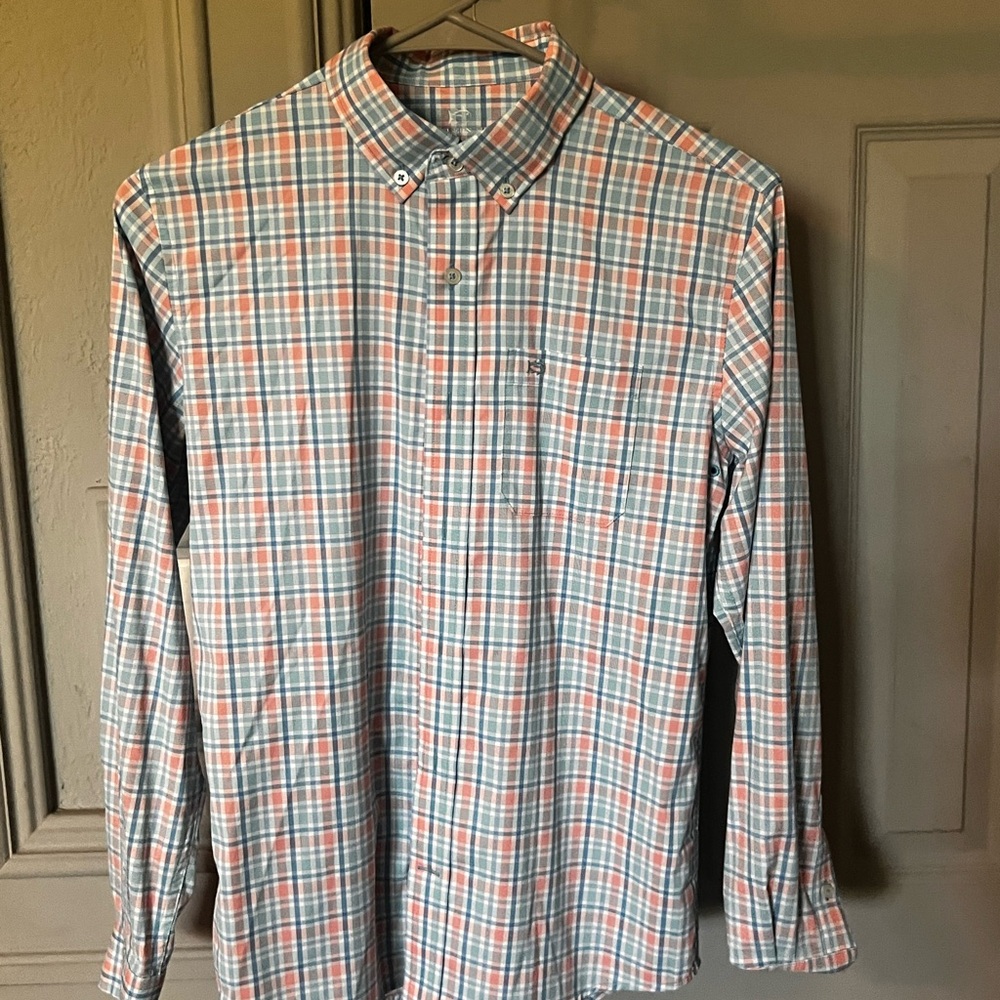 Southern Tide Orange and Blue Plaid Button Down Shirt